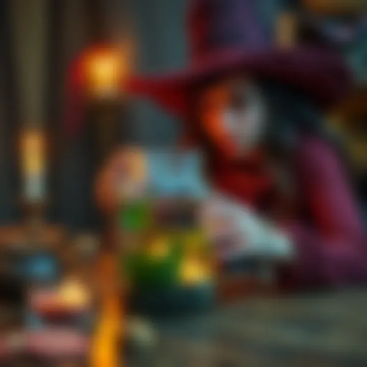 A novice witch performing a jar spell with herbs and candles on a wooden table, looking anxious about the outcome.