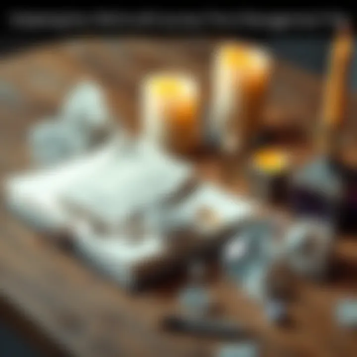 A collection of crystals, a journal, and candles on a wooden table, symbolizing witchcraft practices.