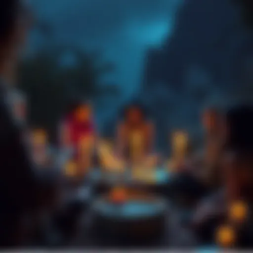 A group of people sitting in a circle, sharing stories and guidance about starting their witchcraft journey, with candles and crystals around them.