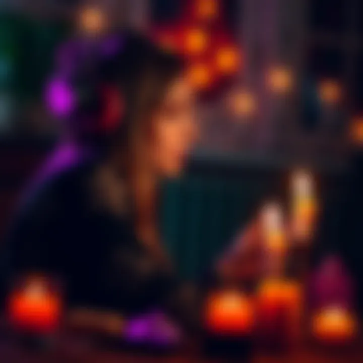 A person wearing headphones, relaxing and enjoying witchcraft-themed podcasts with candles and crystals around them
