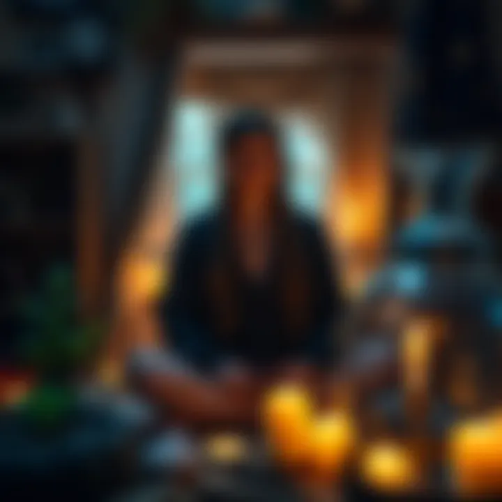 Person practicing witchcraft A seeker in a cozy space surrounded by herbs, candles, and crystals, meditating while exploring their witch identity.