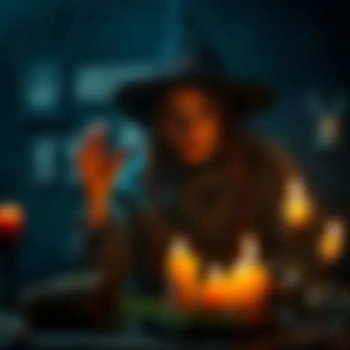 A person casting spells with candles and herbs, surrounded by mystical symbols and a dark atmosphere.