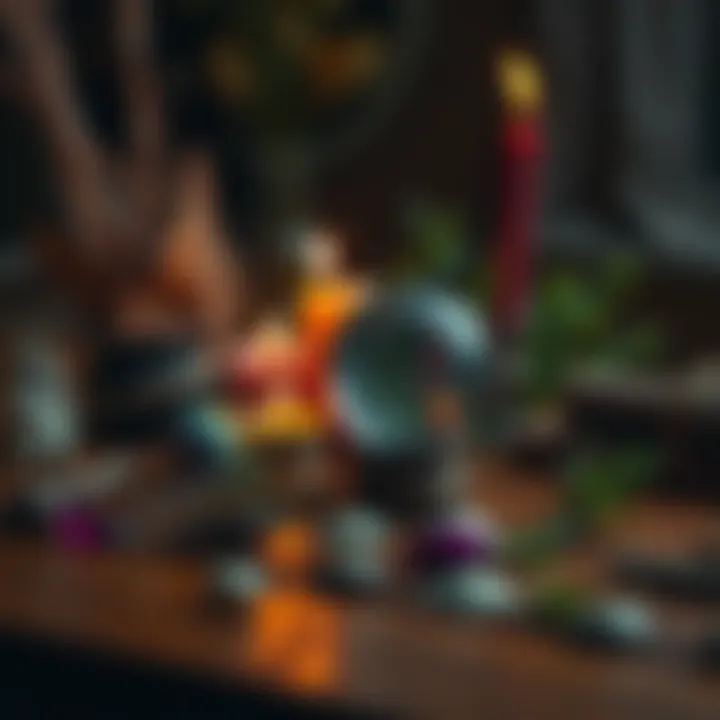 A collection of witchcraft supplies including candles, herbs, and a crystal ball, set on a wooden table.