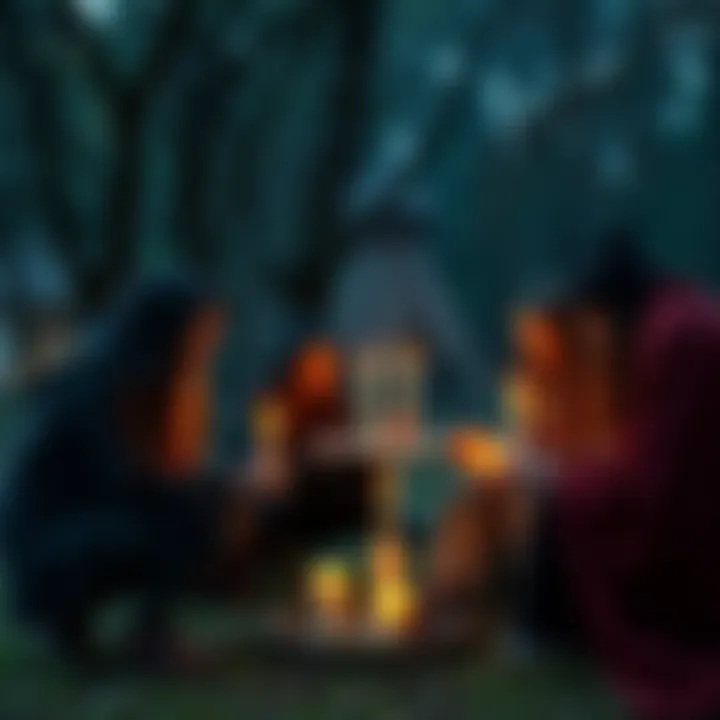 A group of people gathered outdoors practicing witchcraft with candles and herbs, sharing their spiritual experiences.