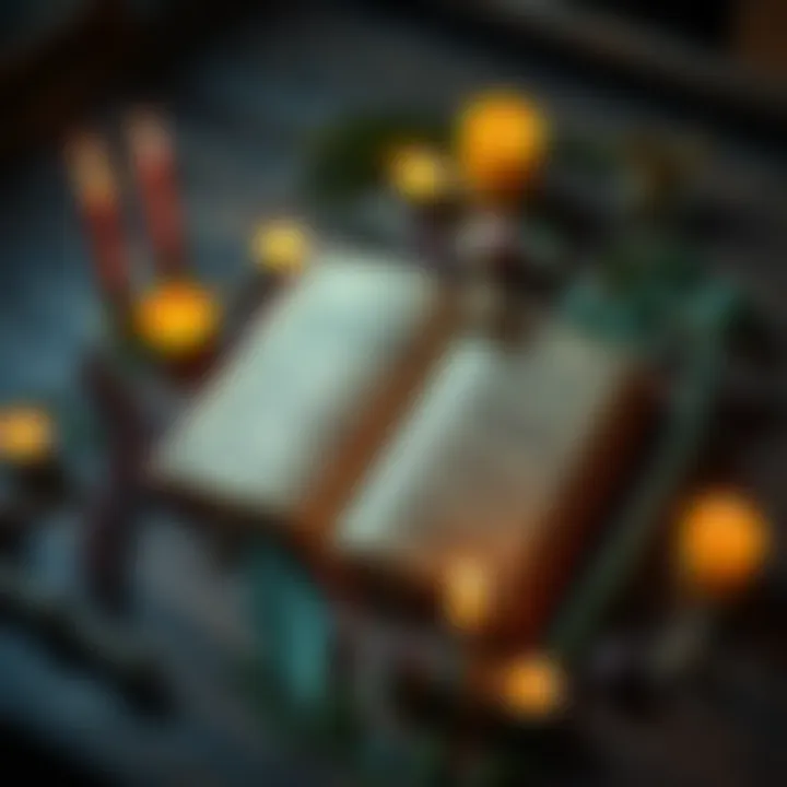 An intricate spellbook open on a wooden table with various herbs and lit candles surrounding it, symbolizing witchcraft rituals against negative influences