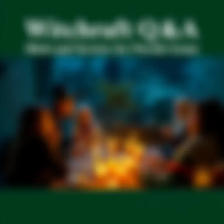 A group of people engaged in a discussion about witchcraft, sharing questions and answers in a friendly environment, surrounded by candles and mystical symbols.