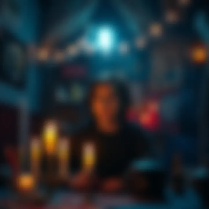A person looking worried in a dimly lit room surrounded by candles and witchcraft items, feeling guilty after performing a spell.