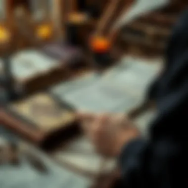 A person searching through books and notes on witchcraft while avoiding religious references, showing knot magic practices on a desk