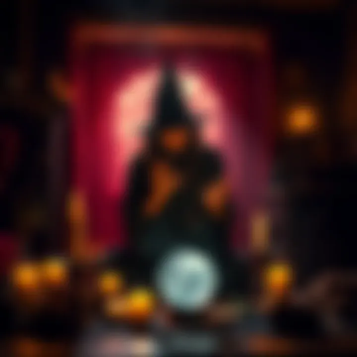 A person in a dimly lit room practicing witchcraft with candles, herbs, and a crystal ball