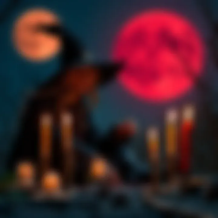 Witchcraft ritual under a blood moon A novice witch prepares for a ritual with candles and a full moon in the background