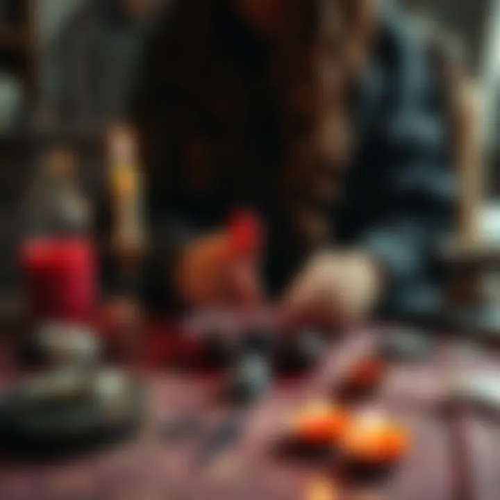 A witchcraft scene showing a person preparing a spell with menstrual blood, crystals, and candles for healing and manifestation.