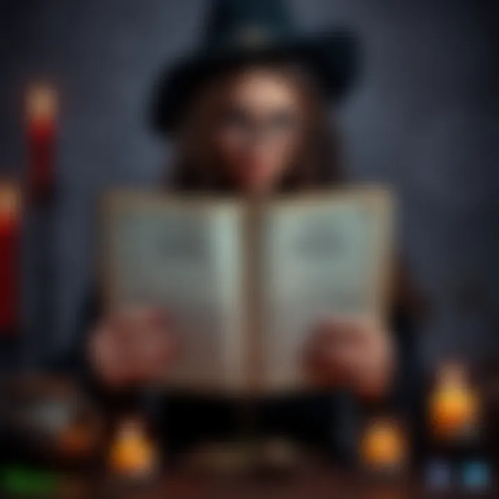 A beginner witch holding a spell book open to a page about using names in spells, surrounded by candles and herbs.