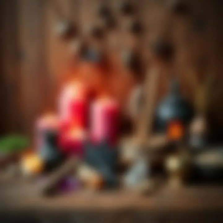A selection of witchcraft supplies including candles, crystals, and herbs set against a wooden background