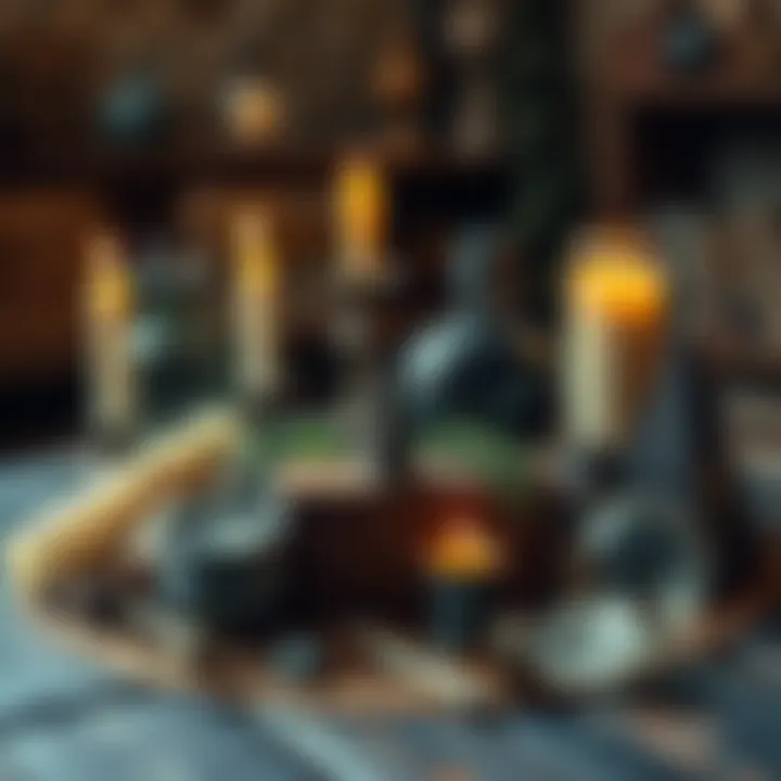 An assortment of witchcraft supplies including candles, herbs, and crystals on a rustic table, symbolizing protection during housesitting.
