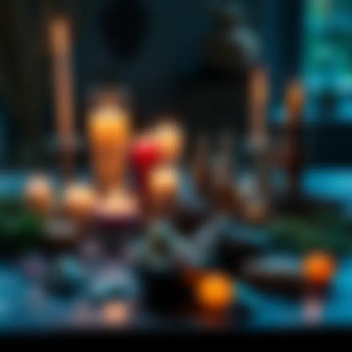 A table filled with candles, crystals, and herbs used for witchcraft practice