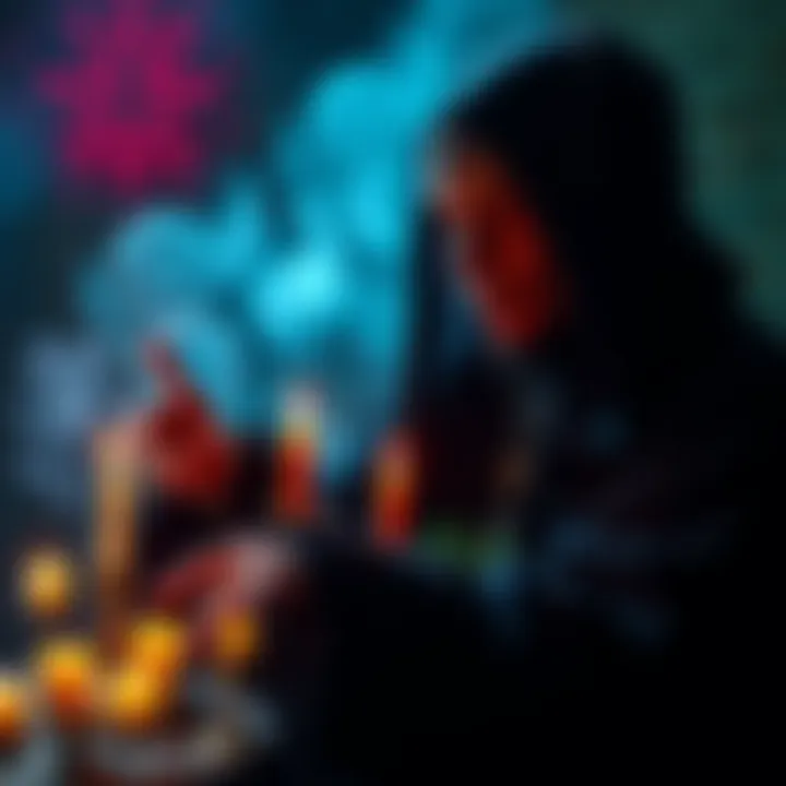A witch performing a ritual with candles and herbs, surrounded by mystical symbols, representing the fight against elite corruption.