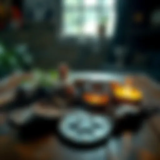 A collection of witchcraft symbols, including a crescent moon, stars, and herbs on a wooden table, representing the cultural perceptions of witchcraft today.
