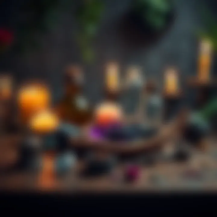 Various witchcraft symbols and tools on a wooden table, including candles, crystals, and herbs, illustrating modern witchcraft practices