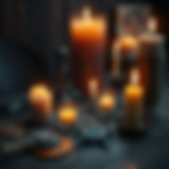 A collection of witchcraft symbols and lit candles on a wooden table, representing modern witchcraft practices.