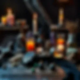 A collection of symbols and items associated with witchcraft in New Orleans, including candles, crystals, and herbs on a wooden table.