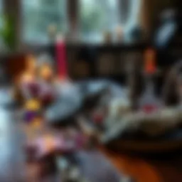 A wooden table decorated with crystals, candles, and various symbols associated with witchcraft, showcasing elements of spirituality and tradition.