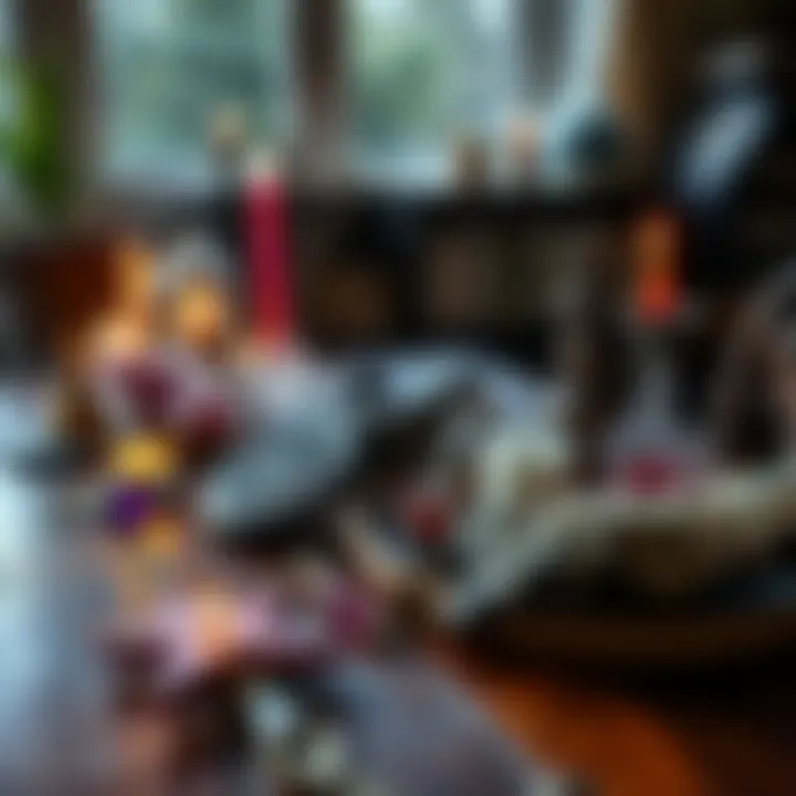 Witchcraft Symbols on a Table A wooden table decorated with crystals, candles, and various symbols associated with witchcraft, showcasing elements of spirituality and tradition.