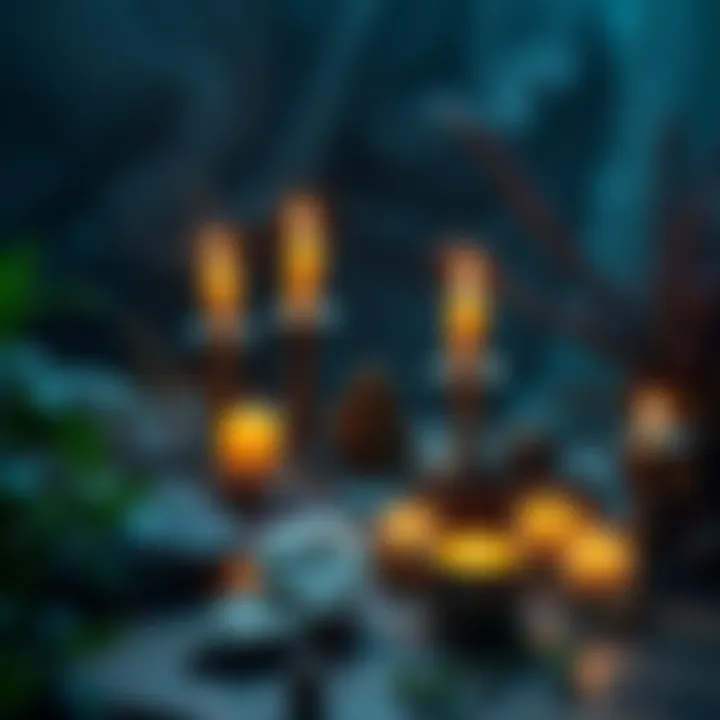 A table with candles, crystals, and herbs surrounded by plants, symbolizing witchcraft practices and connections to nature.