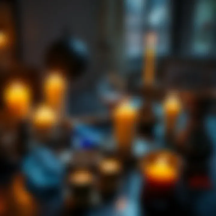 A table set with candles, crystals, and herbs used in witchcraft for spells, emphasizing the theme of personal space and influence.
