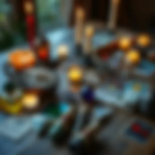 An assortment of crystals, tarot cards, and candles arranged on a wooden table, creating a serene witchcraft practice space.