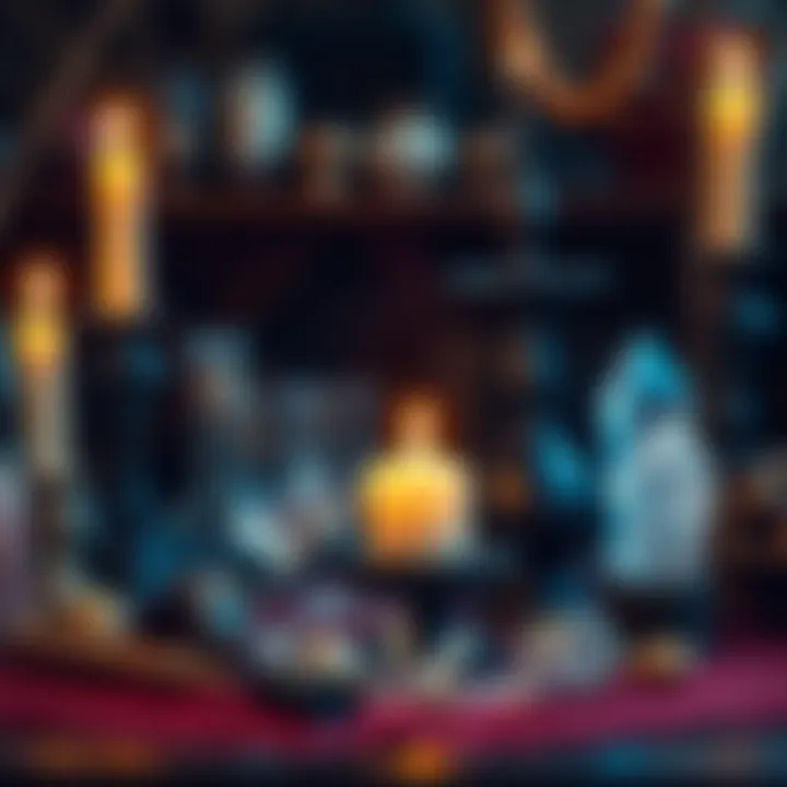 A collection of witchcraft tools including candles, herbs, and crystals arranged on a table, ready for money and job spells.