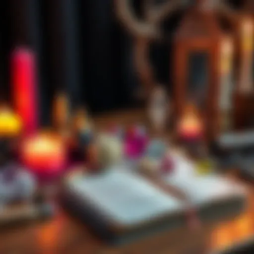 An assortment of witchcraft tools, including candles, crystals, and a spell book, on a wooden table.
