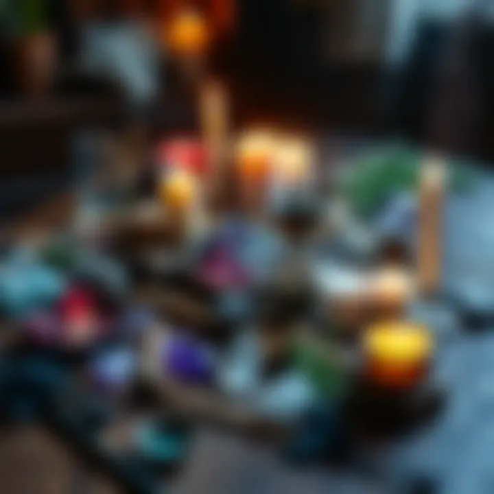 Witchcraft Tools on a Table An assortment of witchcraft tools including crystals, candles, and herbs arranged on a wooden table.