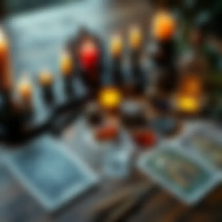 A collection of witchcraft tools, including candles, tarot cards, and crystals laid out on a wooden table