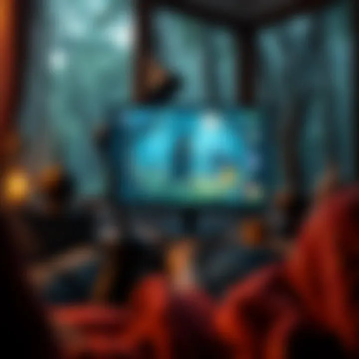 A cozy gaming setup with a computer displaying a witchcraft-themed video game featuring spell casting and herb farming in a magical forest setting.
