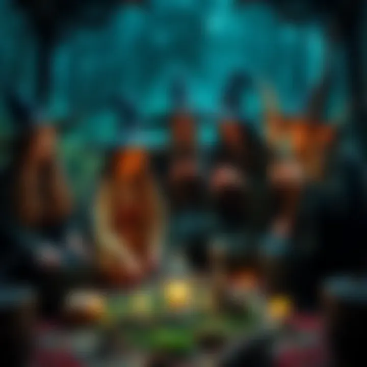 Artistic depiction of witches A group of witches in traditional attire practicing magic together, surrounded by symbols of witchcraft and nature