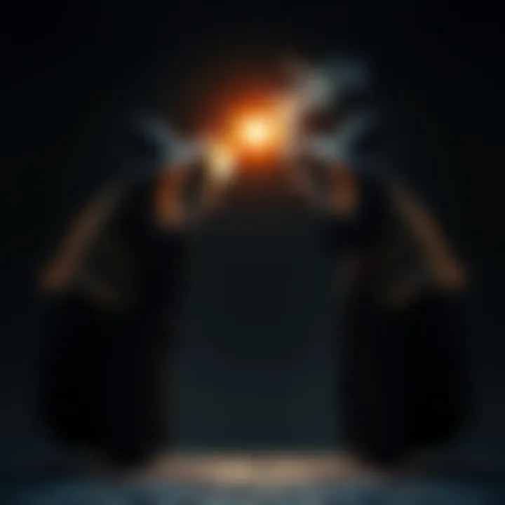 Two witches stand facing each other, casting spells towards a glowing target. One witch emits a warm light, while the other conjures dark shadows, creating a magical conflict.