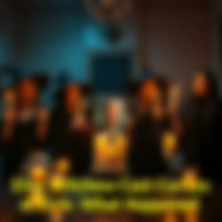 A group of witches in a dimly lit room casting spells with candles and crystals around them, focused on a photo of Charlie Kirk.