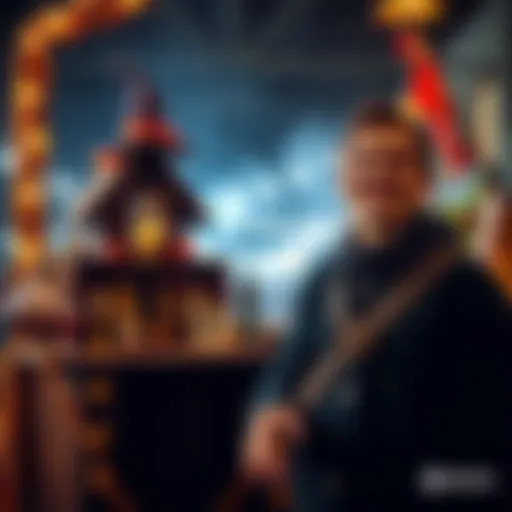 A 31-year-old person stands proudly next to a handmade shrine filled with magical items from a witches fair, smiling with excitement.