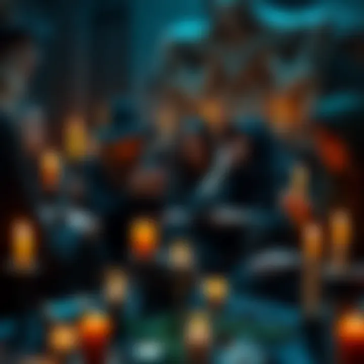 A group of witches sharing experiences in a candle-lit space, focusing on Hecate's symbolism with candles, herbs, and mystical items around them.