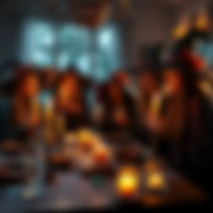 A group of witches gathered around a table, sharing blessings and hopeful wishes for the New Year with candles and crystals.
