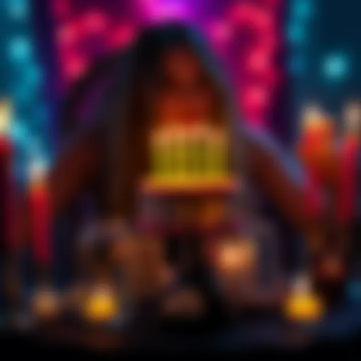 A person celebrating their birthday with a mini cake, moon water, and tarot cards, surrounded by candles and Hekate symbols.