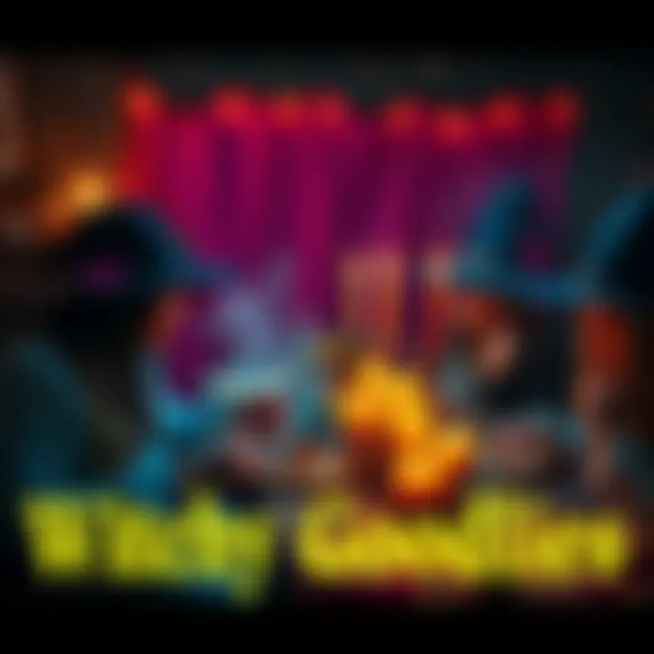 Witchy Goodies Exchange A gathering of witches exchanging trinkets and recipes at a cozy table filled with magical items and candles.