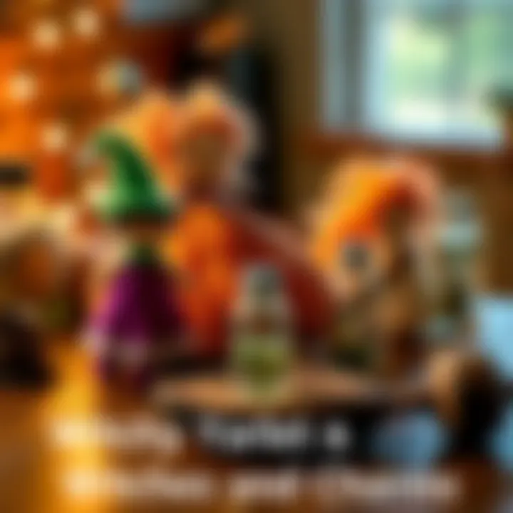 Colorful yarn dolls with charms and small glass bottles filled with herbs and crystals, set on a wooden table.