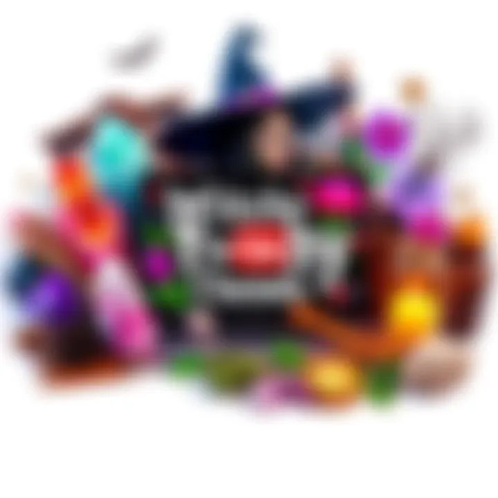 A colorful collage featuring symbols of witchcraft like crystals, herbs, and a laptop playing magical content from various YouTube channels.