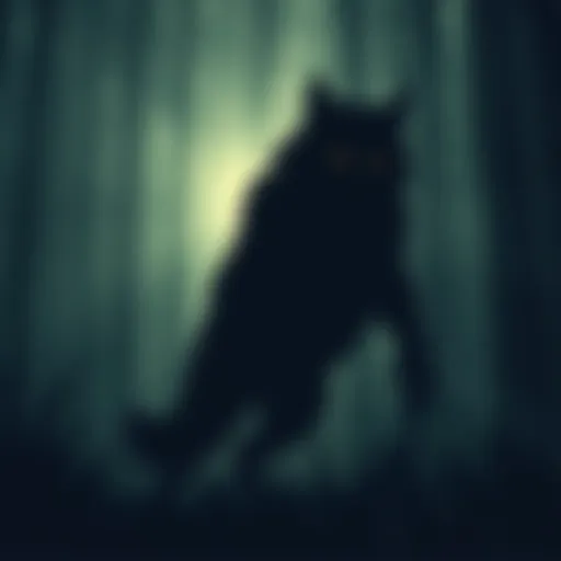 A silhouette of a large, humanoid wolf-like creature standing in the shadows of a forest, with bright eyes reflecting light, as witnesses recount their experiences.