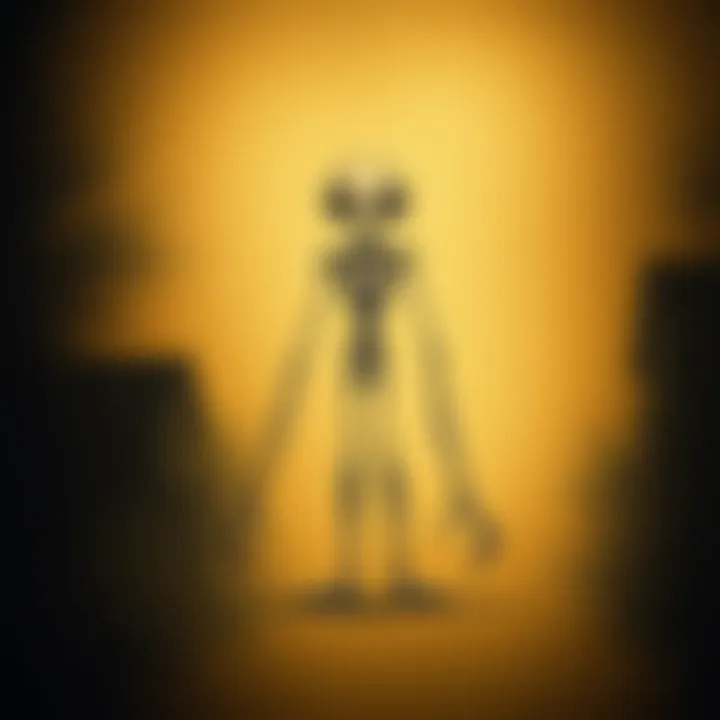A hand-drawn sketch showing a tall humanoid creature with large eyes and long limbs, set against a dark suburban background.