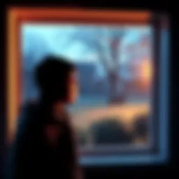 A person looking out a window at a mysterious animal in the yard, appearing surprised and cautious.