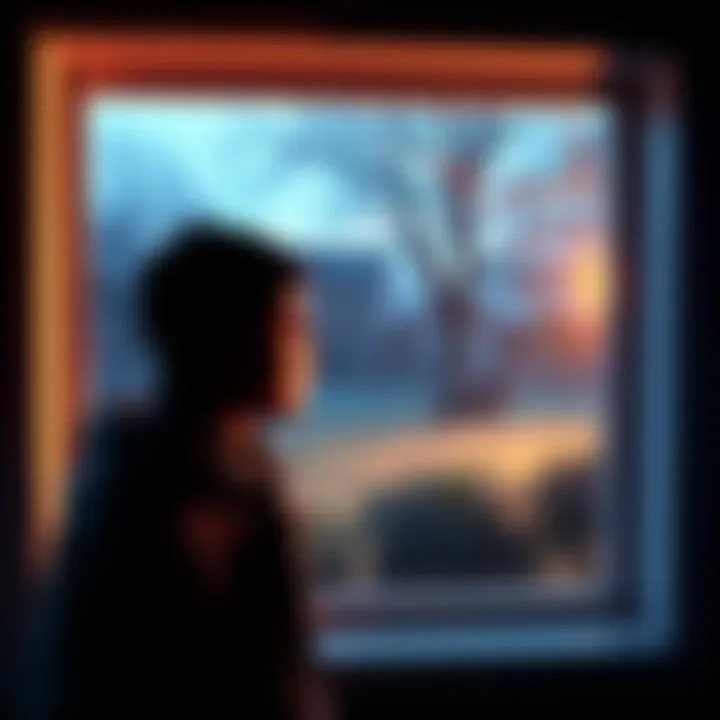 A person looking out a window at a mysterious animal in the yard, appearing surprised and cautious.