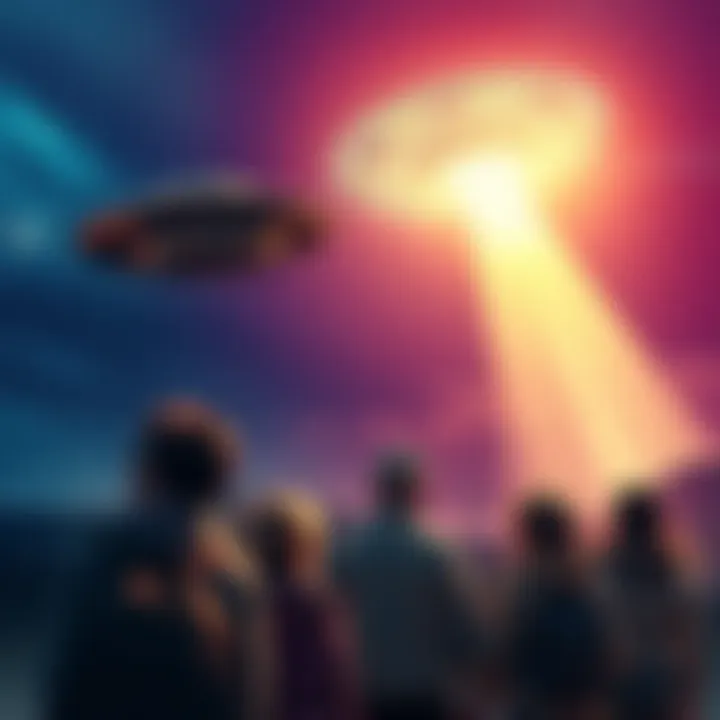 Group of people in São Vicente de Alfena looking up at a metallic object in the sky