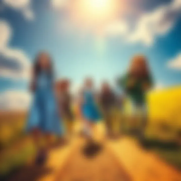 A scene from The Wizard of Oz with Dorothy and friends Dorothy, a young girl in a blue dress, walks along a yellow brick road with a scarecrow, a tin man, and a lion under a bright sky